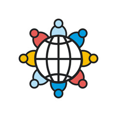people around global sphere line and fill style icon vector design