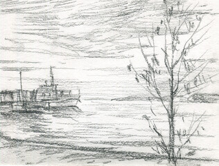 river bank with pier sketch