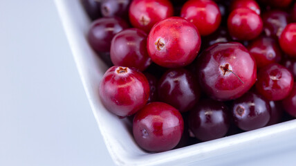 plate with ripe cranberries on a white background, macro photography , soft focus