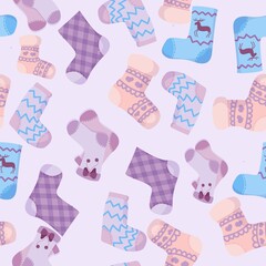 pattern with winter clothes in pastel color with patterns, warm winter clothes drawn in cartoon style, knitted clothes, scarf or shawl, sleeves, sweaters and hats vector illustration, seamless pattern