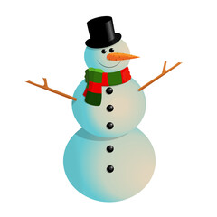 Cartoon smiling snowman in a striped scarf and top hat. Color vector illustration