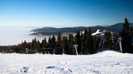 Winter in Pustevny and Radhost in the Beskydy Mountains in Moravia in the Czech Republic.