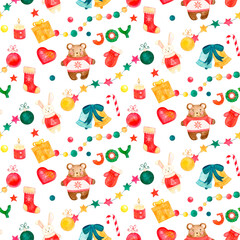 Kids hand drawing seamless pattern of Christmas and New Year painted with colored pencils, crayon pastel chalk. Design for packaging, wrapping, covers and backgrounds.
