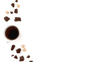 Composition with coffee cup, sugar and pieces of chocolate on white background. Flat lay. Copy space
