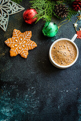 christmas background cookies gingerbread and coffee festive table setting holidays party new year meal on the table tasty serving size portion top view copy space for text food background