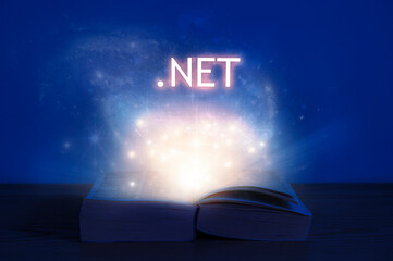 Open book with dot net inscription. Light coming from open book with words .NET