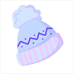 Knitted baby hat with a purple pompom, warm winter clothes drawn in cartoon style, knitted clothes, winter hat vector illustration isolated on a white background