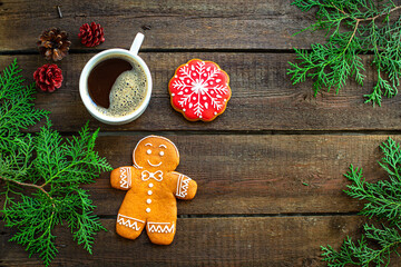 christmas background cookies gingerbread and coffee festive table setting holidays party new year meal on the table tasty serving size portion top view copy space for text food background