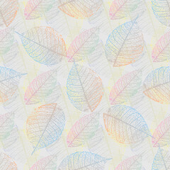 Fototapeta na wymiar stylized multicolored skeletonized leaf seamless pattern. Vector,