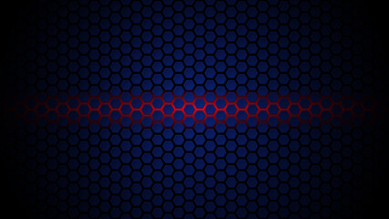 Vector hexagonal background in dark blue color with a luminous horizontal red line in the center. Hexagonal cells