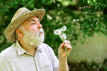 Harmony of soul. Elderly man in straw summer hat. Grandpa senior man blowing dandelion seeds in...