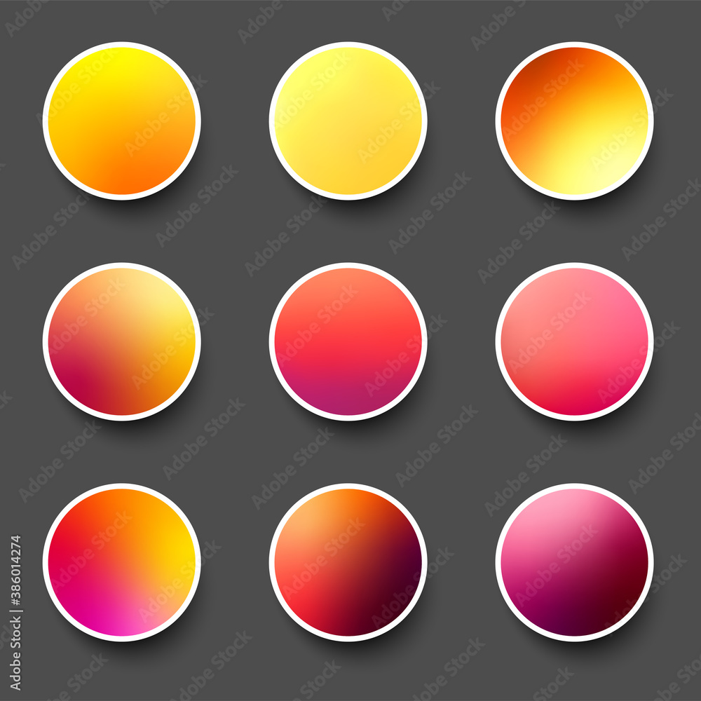 Poster set of rounded holographic gradient sphere buttons.
