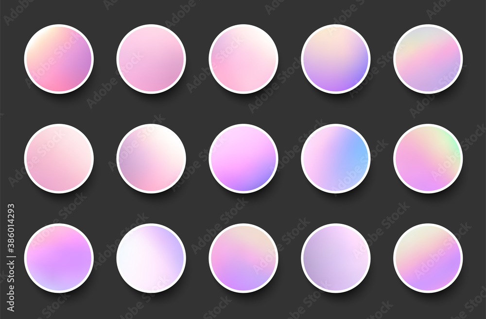 Poster set of rounded holographic gradient sphere buttons.