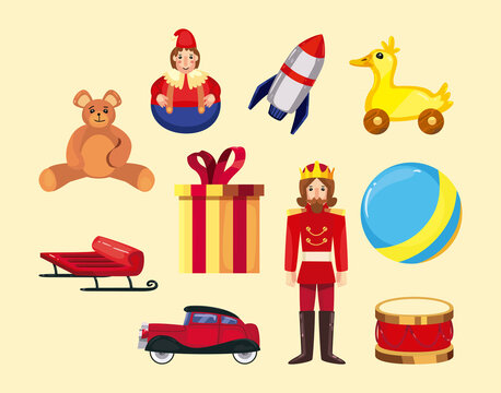 merry christmas toys set icons vector design