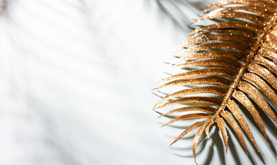 Gold palm leaves and shadows on a blue wall background.