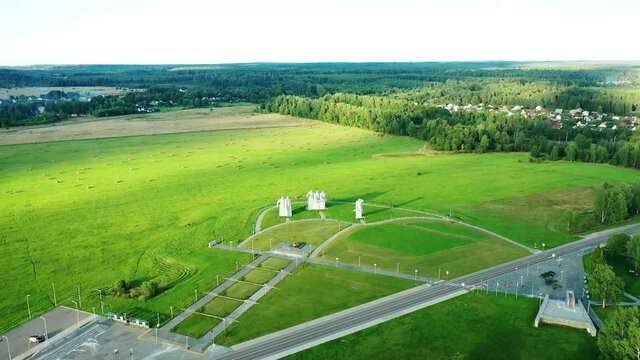 Top view of the Memorial Panfilov Heroes dedicated to 28 soldiers of the Red Army. A large stone statue of the military warriors in the field on guard of the border