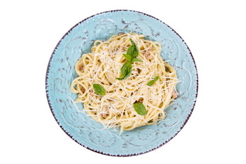 fresh pasta on a blue plate