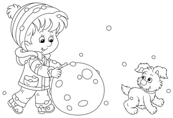 Cheerful little boy walking with his small pup and rolling a big snowball to make a funny snowman, black and white outline vector cartoon illustration for a coloring book page