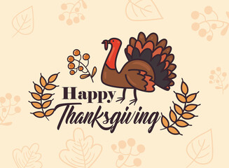 happy thanksgiving day turkey with leaves line and fill style icon vector design