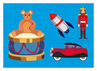 merry christmas tedddy bear on drum and toys icon set vector design