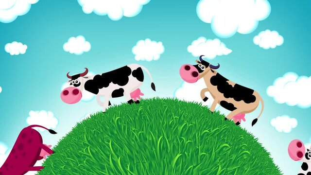 Eight different colour cows cartoon walking through grass ball animation. Cows &ndash;  spotty, red, black, yellow, brown. Clouds in background. Long seamless loop good for opener, intro, background, etc...