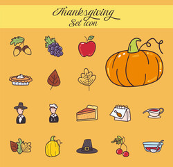 happy thanksgiving day line and fill style symbol set design