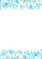 Summer botanical watercolor design banner. Light blue flowers and pale green leaves. Natural card or frame. Floral borders. Place for your text.