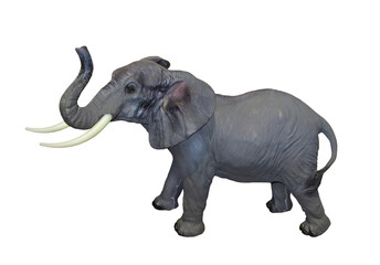There is a gray elephant model toy. White background. Isolated.