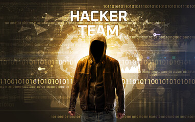 Faceless hacker at work with HACKER TEAM inscription, Computer security concept