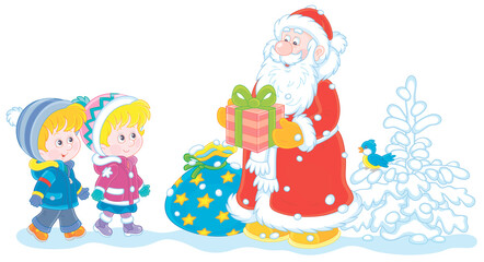 Obraz na płótnie Canvas Santa Claus smiling and giving his magical Christmas presents to happy and merry small children, vector cartoon illustration on a white background