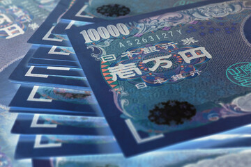 A field of 10000 yen Japanese notes close-up. Dark illustration with inverted colors and increased contrast. A bundle of bills. Banks, finance and the economy of Japan. Blue and white tones. Macro