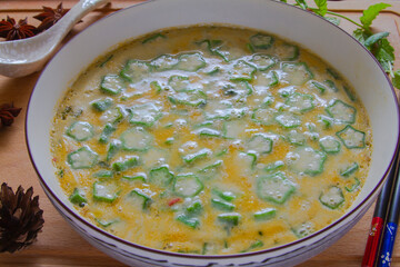 Chinese steamed egg with bitter melon close up
