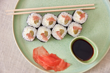 Fresh sushi rolls on a plate