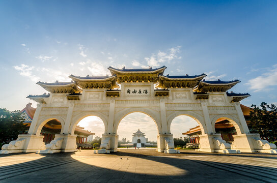 Front gate of Chiang Kai-Shek Memorial Hall at dawn, Taipei, Taiwan. Chinese latters means "Liberty Square".