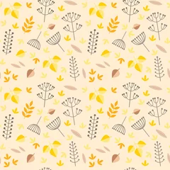 Foto op Plexiglas Autumn forest pattern. Illustration of autumn plants and leaves drawn in flat style on a light brown background. Vector 8 EPS. © slybrowney