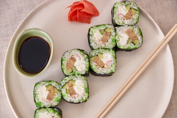 Fresh sushi rolls on a plate