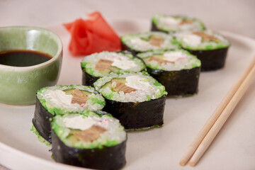 Fresh sushi rolls on a plate