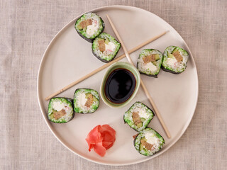Fresh sushi rolls on a plate
