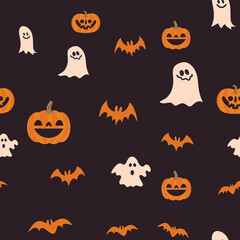 Halloween pumpkins, bats and ghosts seamless pattern. Cute illustrations background.