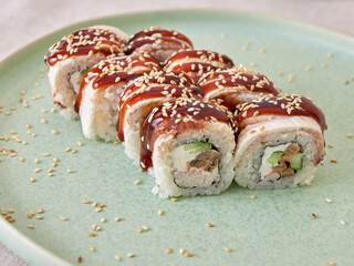 Fresh sushi rolls on a plate