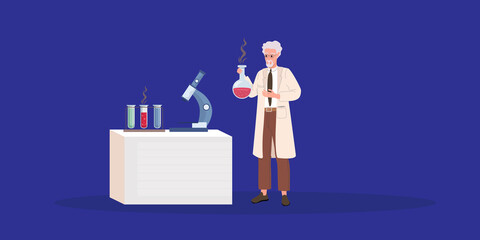 Crazy old scientist. Crazy doctor. Cartoon vector illustration