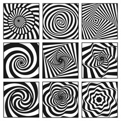 Hypnotic spiral, helix striped set. Optical illusions. Swirl, curve, vortex, twirl, volume, whirlpool.