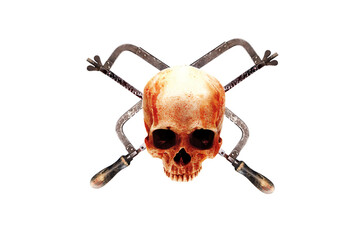Skull with crossed bloody rusty saws. Human skull covered in blood isolated on white.