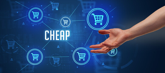 Close-Up of cropped hand pointing at CHEAP inscription, online shopping concept