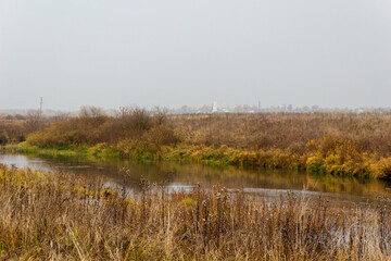 autumn rural natural landscape with calm river water reflecting yellow trees and dry grass in cloudy day