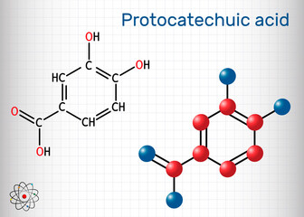 Protocatechuic acid, PCA molecule. It is 3,4-dihydroxybenzoic, phenolic acid, metabolite of antioxidant polyphenols, catechol, is found in green tea. Sheet of paper in a cage