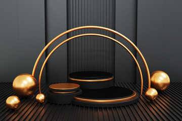 Black and gold podium on black background,geometry podium shape for display product, 3d rendering.
