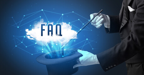 Magician is showing magic trick with FAQ abbreviation, modern tech concept