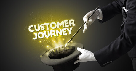 Illusionist is showing magic trick with CUSTOMER JOURNEY inscription, new business model concept