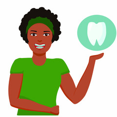 an African - American young woman smiles with braces on her teeth. Advertising dentistry and a beautiful smile